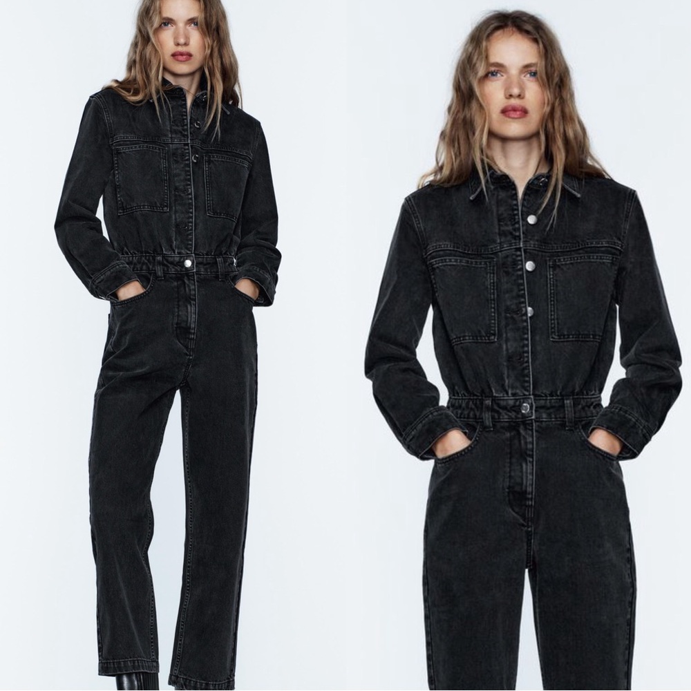ZARA Black Denim Utility Jumpsuit Button Front Women’s Size XS